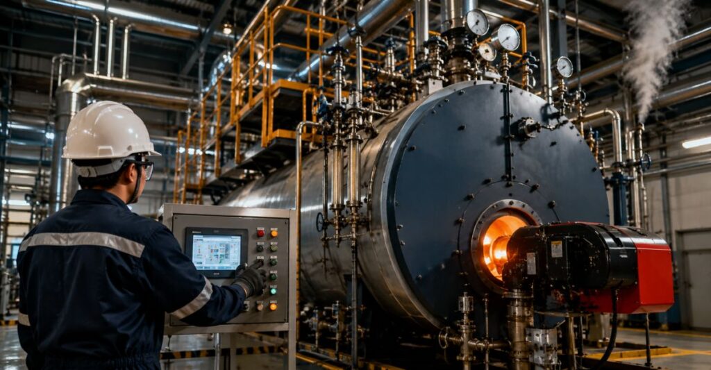 gambar tenaga ahli mengoperasikan boiler industri